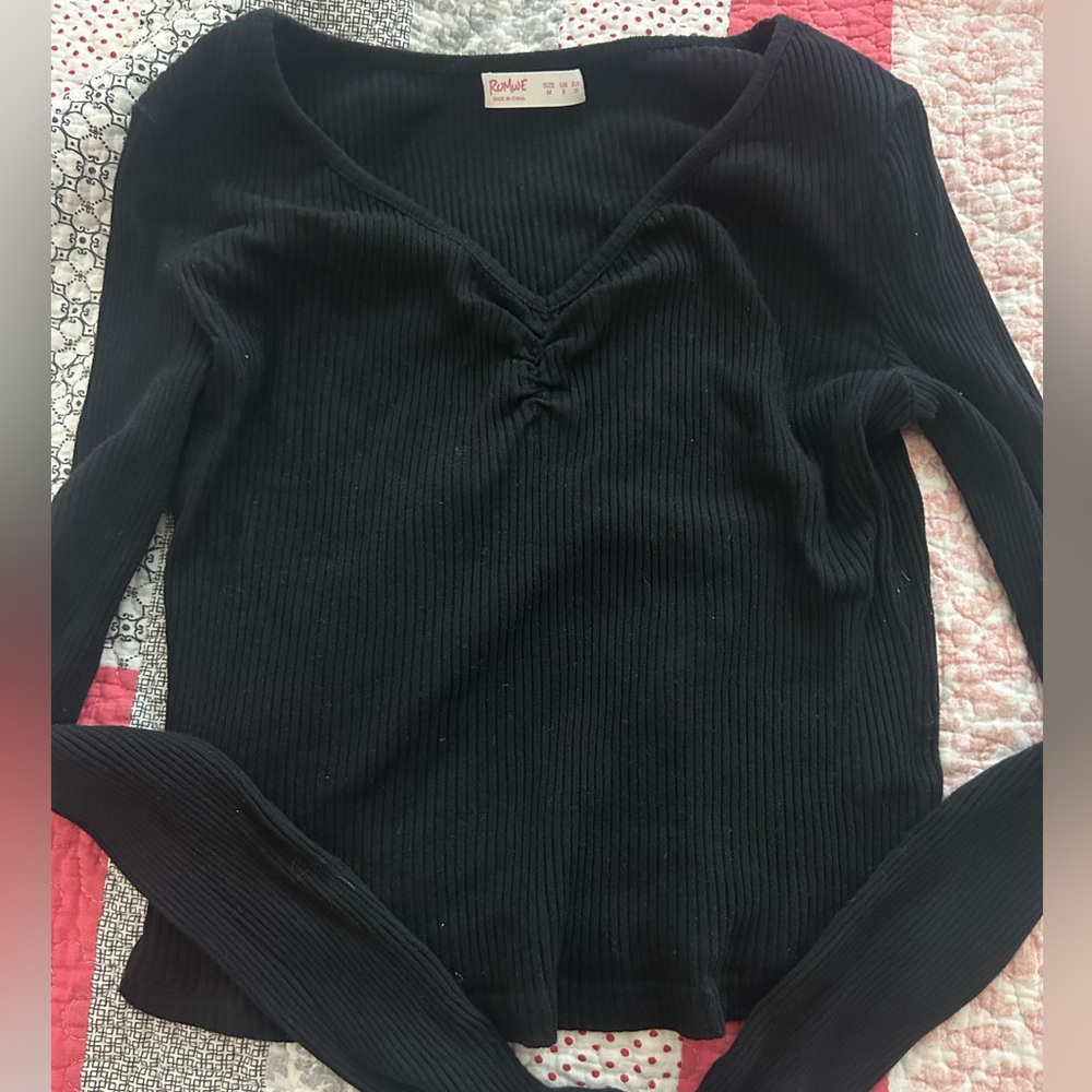 Black Ribbed V-Neck Top